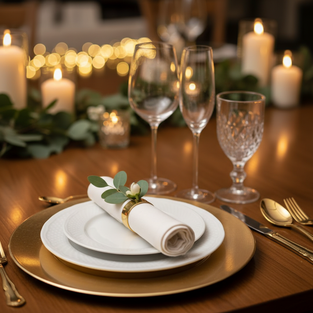 Elegant wedding place setting at a luxury banquet hall in Woodbridge with gold accents and crystal glassware, ideal for a wedding venue with all amenities