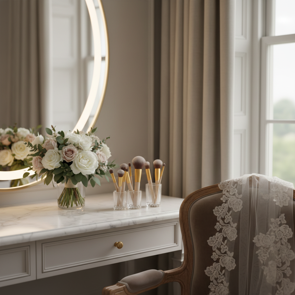 Detail of bridal suite amenities at an all-inclusive wedding venue: vanity, bouquet, and veil