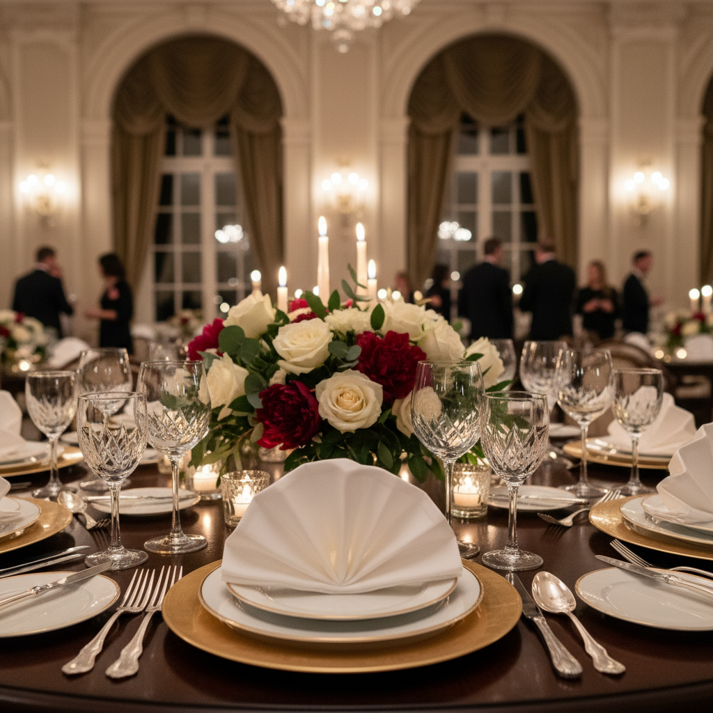 Close-up of elegant table setting in a grand ballroom Mississauga venue with crystal glassware, gold-rimmed plates, and floral centerpiece