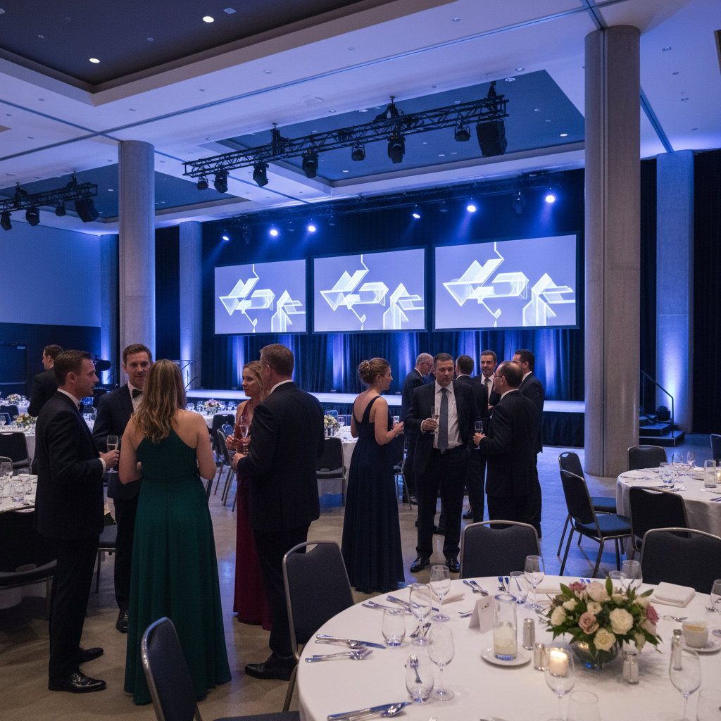 Corporate gala scene with stage lighting and banquet tables inside a modern Mississauga ballroom