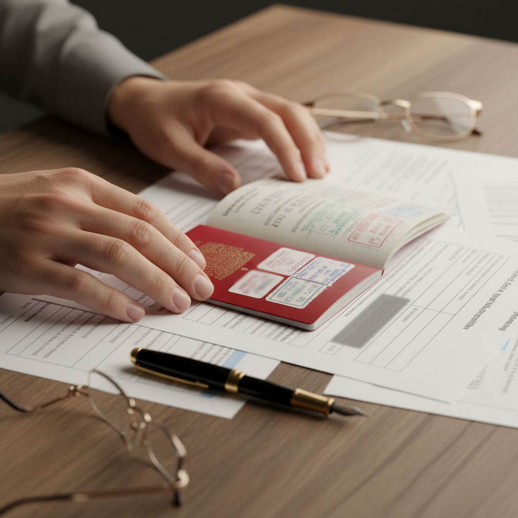 Hands preparing Canadian immigration documents on desk with passport, immigration lawyer GTA preparation