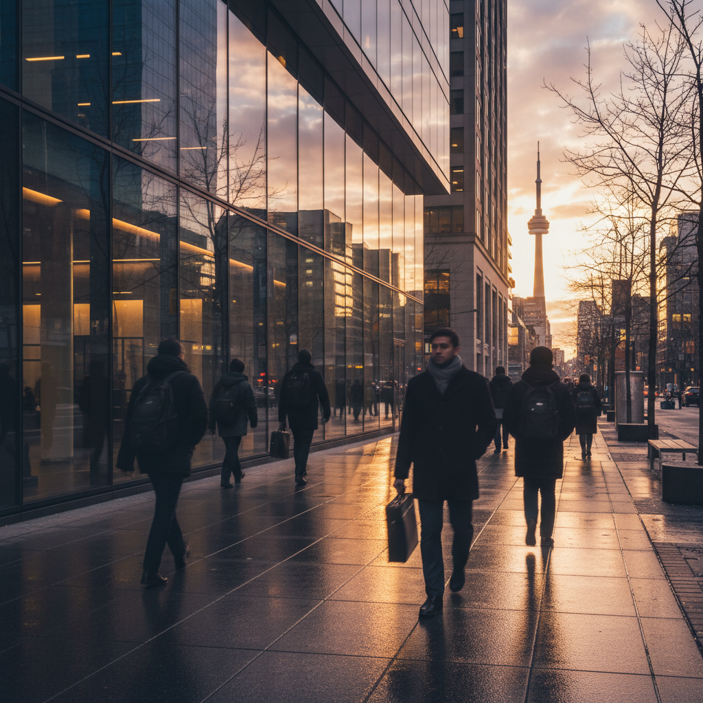 Downtown Toronto scene with commuters and skyline, context for immigration lawyer GTA clients