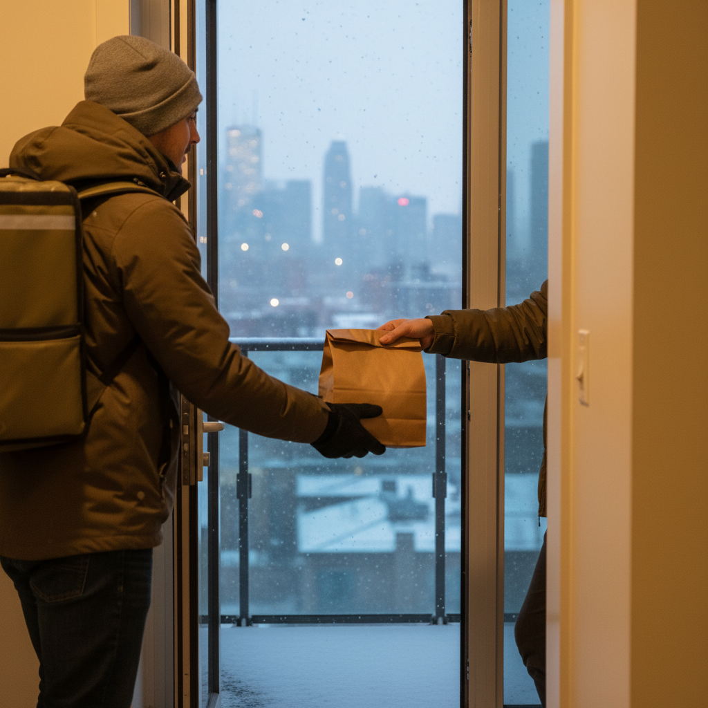 Courier delivering a shawarma takeout bag at a Toronto condo doorway for fast delivery