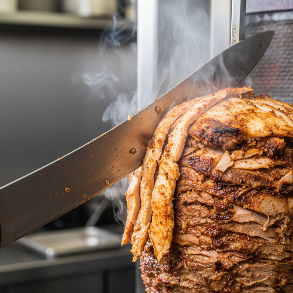 Close-up rotisserie carving for authentic shawarma delivery Toronto