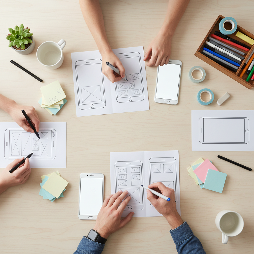 UX wireframing workshop for custom web application design with hands sketching mobile and web screens