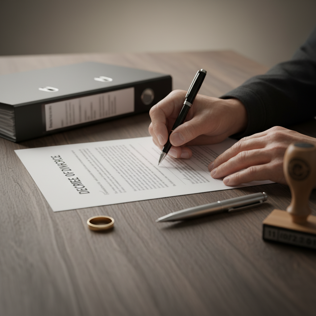 Signing divorce paperwork in Toronto with wedding ring on desk and affidavit materials; how to file for divorce in Toronto forms and documents