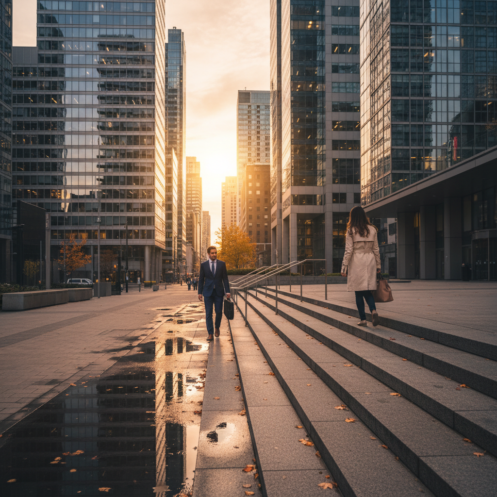 Downtown Toronto courthouse steps with two adults walking apart, symbolic of divorce process and filing steps in Toronto