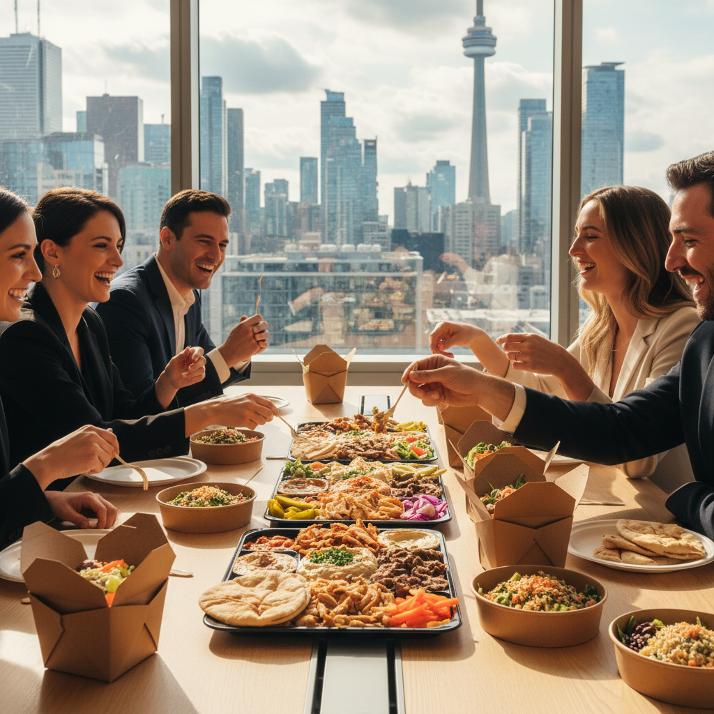 Corporate team sharing Mediterranean shawarma platters and individually packed meals in a Toronto boardroom