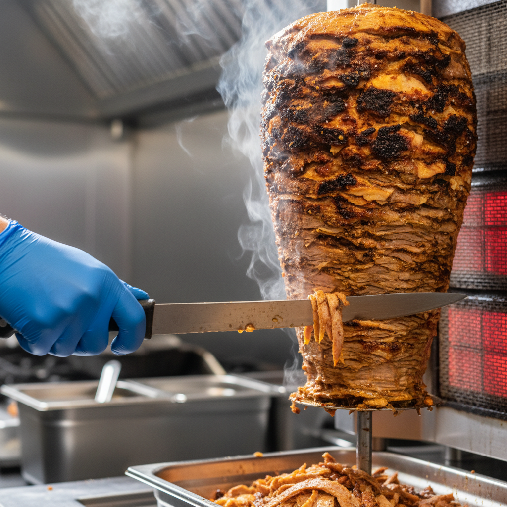 Close-up of authentic shawarma carved from rotisserie with crispy edges, ideal for shawarma platters near me in Toronto