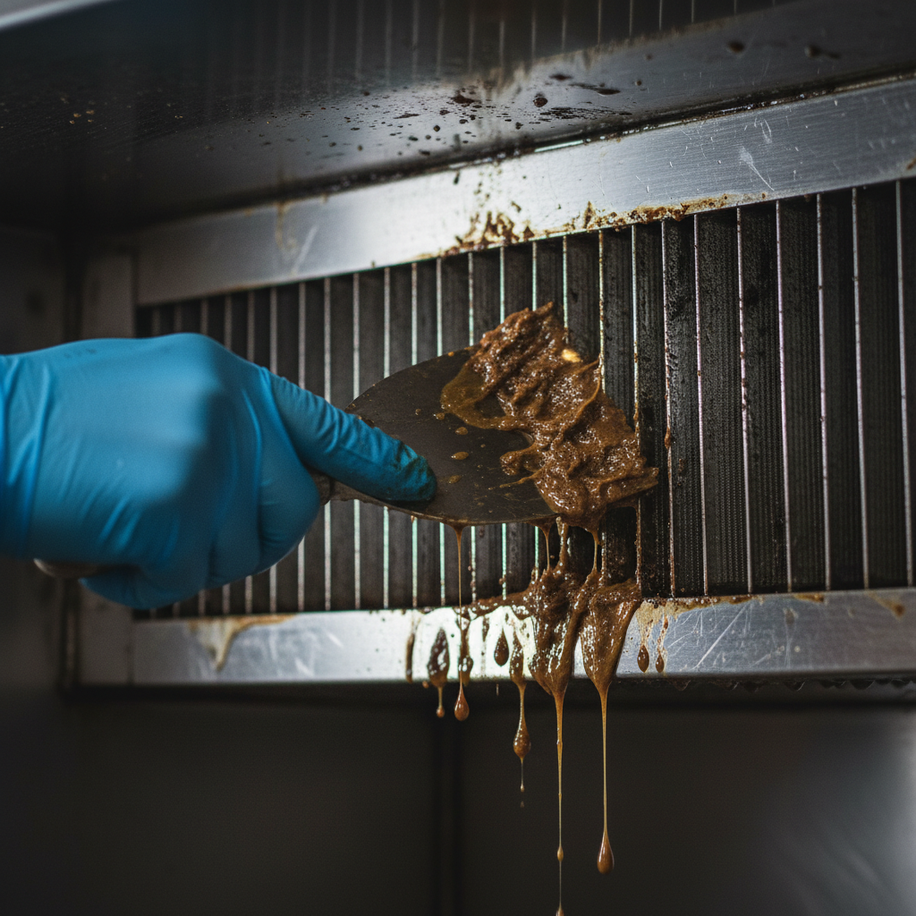 Close-up of greasy baffle filter being degreased to remove kitchen hood fire hazard risk