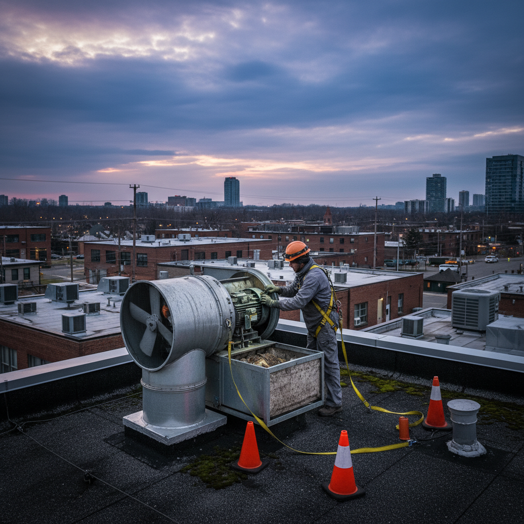 Rooftop exhaust fan inspection with grease containment and fan belt check in Ontario kitchen