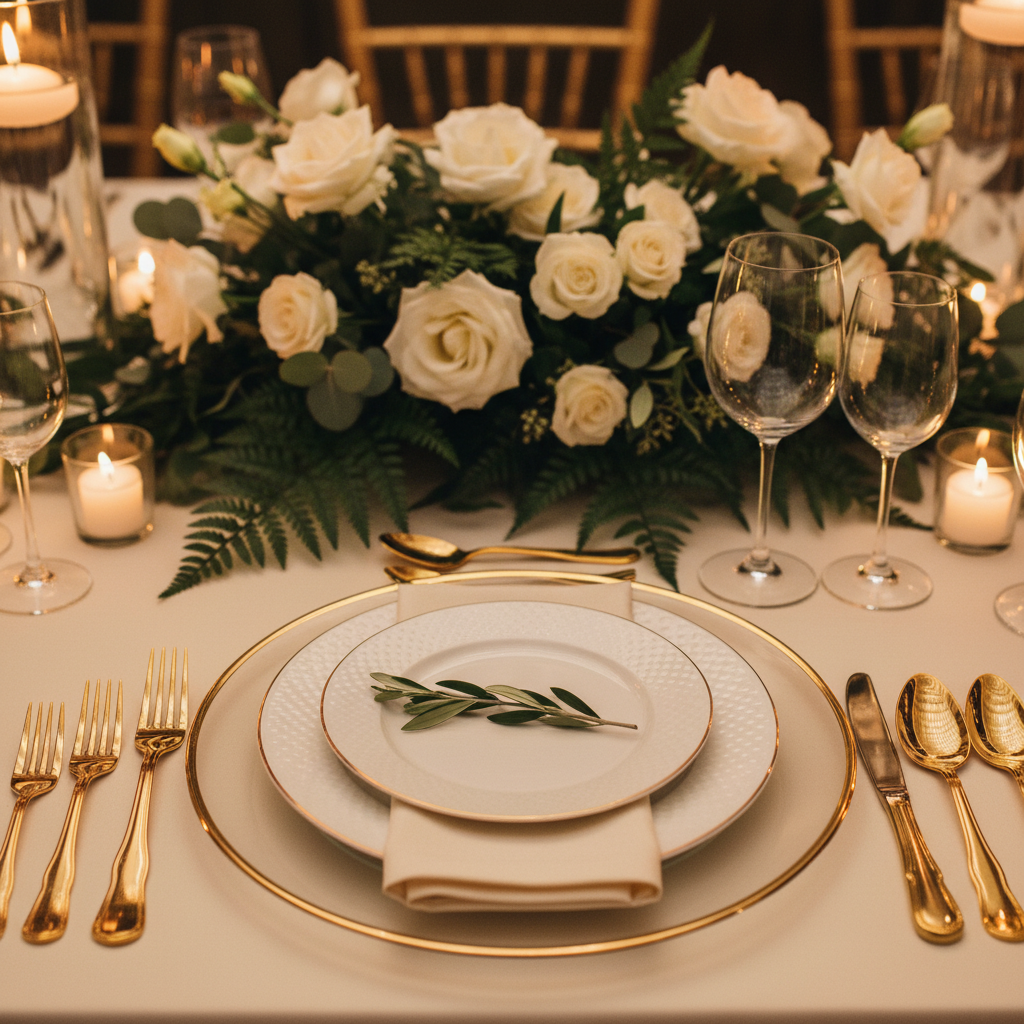 Elegant wedding place setting detail in a luxury event venue in Mississauga with gold flatware and floral centerpiece