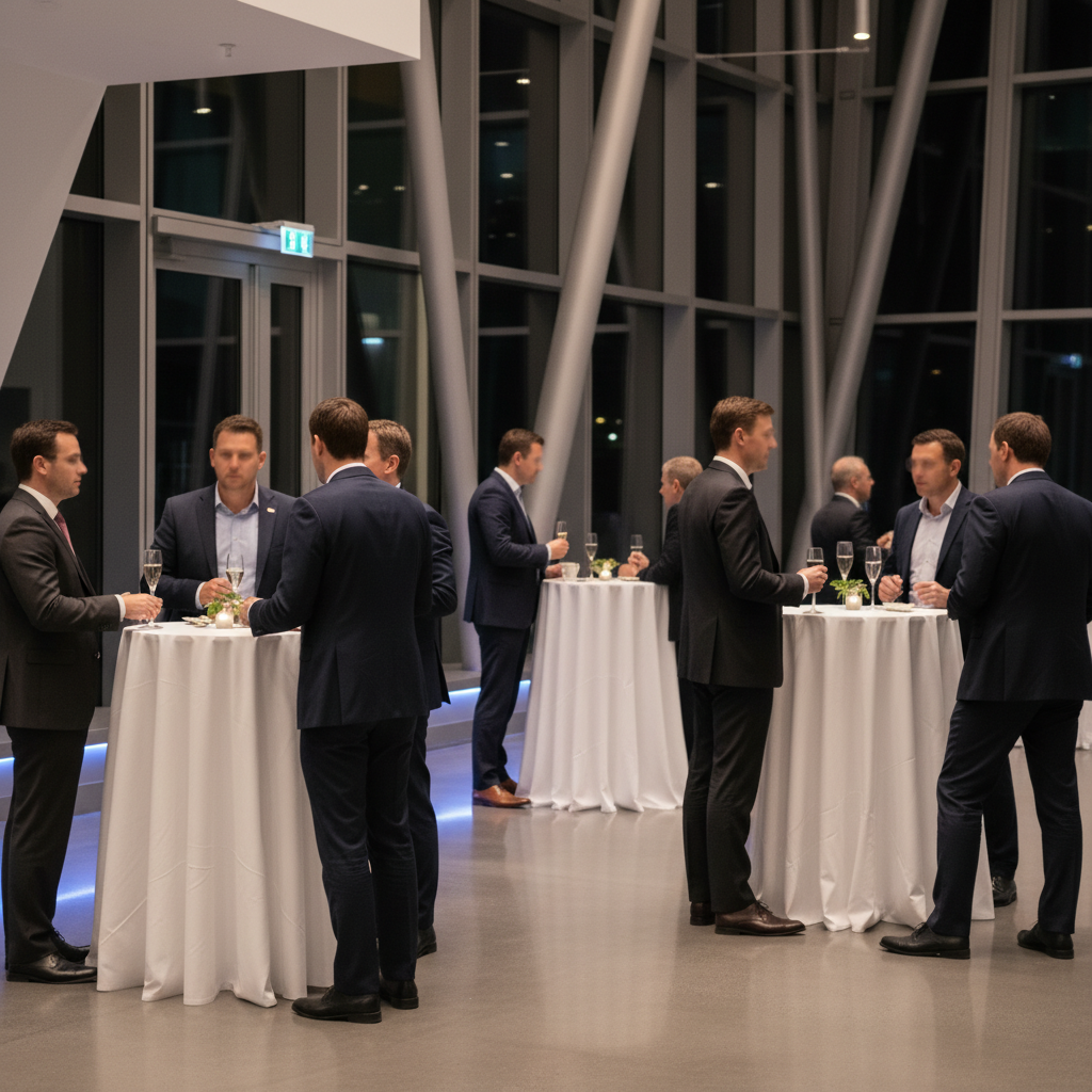 Corporate reception in a modern Mississauga venue foyer with cocktail tables and ambient lighting
