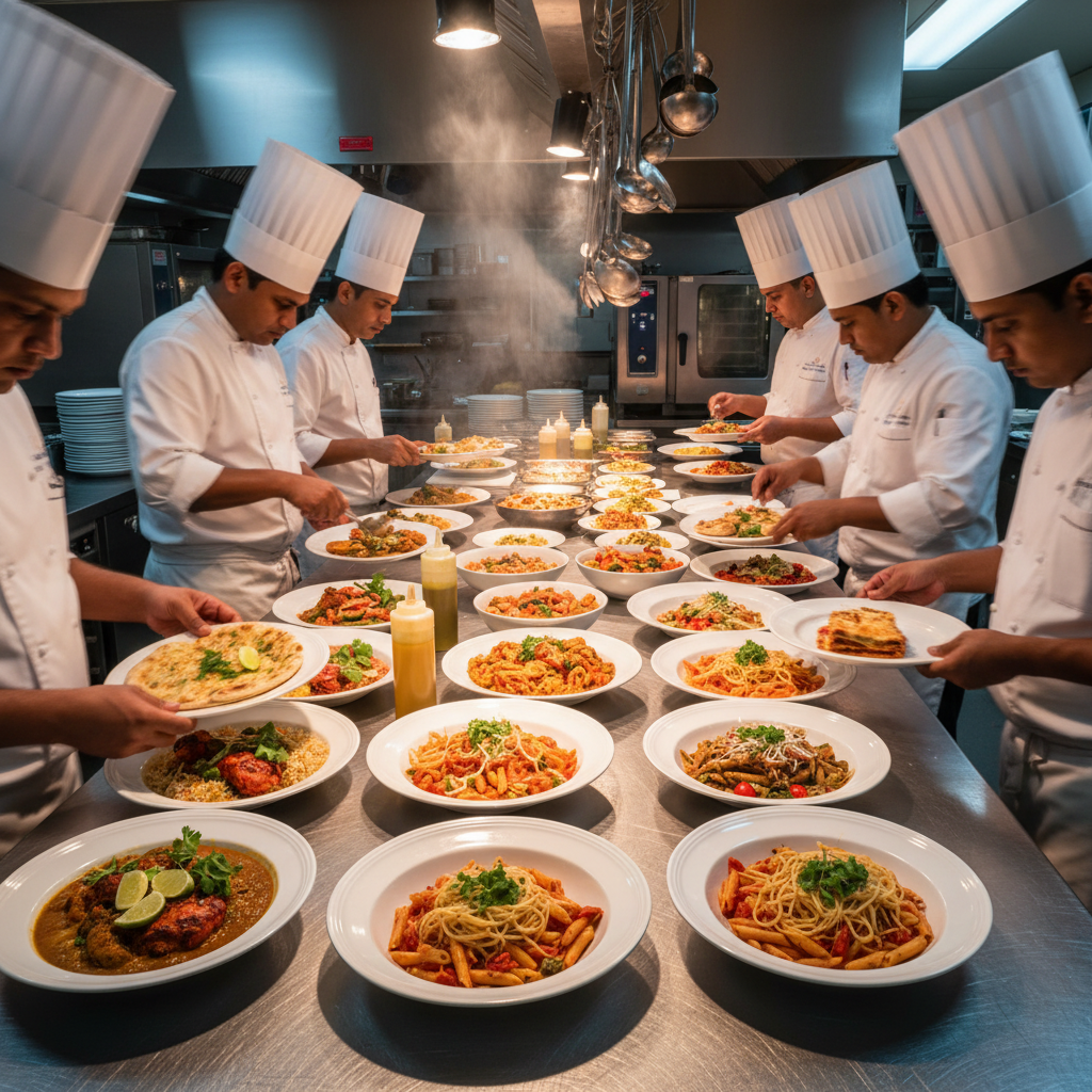 Chefs plating multi-cuisine wedding dishes in a modern catering kitchen for a GTA reception