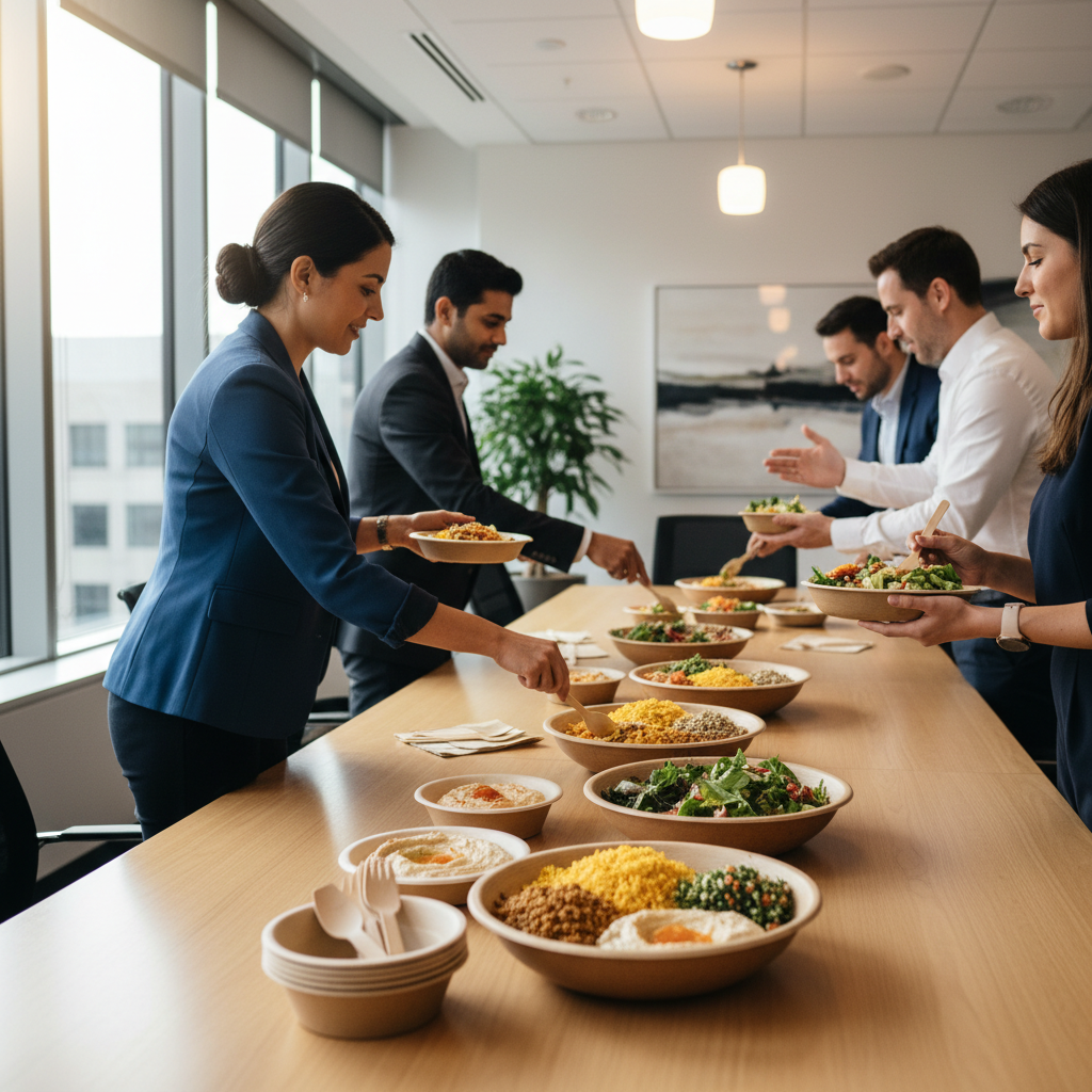 Corporate office lunch with Mediterranean catering bowls and shawarma platters in Toronto