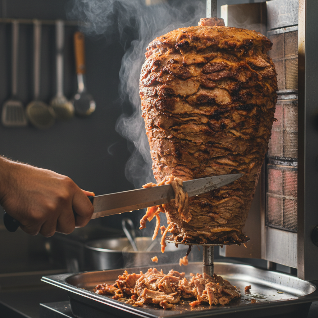 Close-up of authentic shawarma carved from rotisserie for shawarma catering Toronto