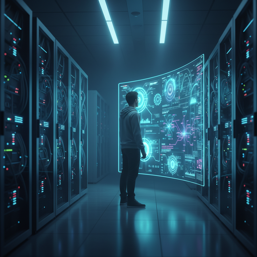 DevOps engineer monitoring cloud dashboards and server racks for web app reliability in a modern operations room