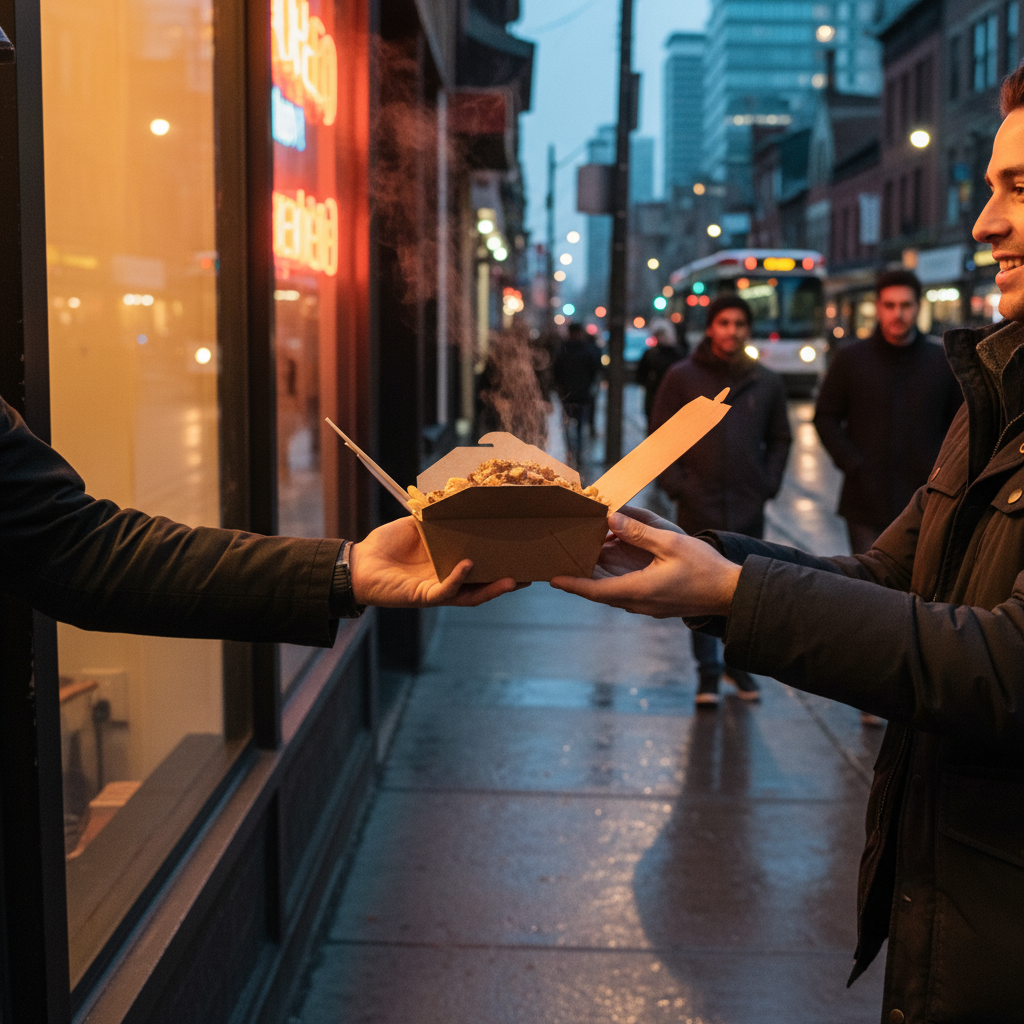 Takeout shawarma poutine handoff on Queen Street West, Toronto night scene