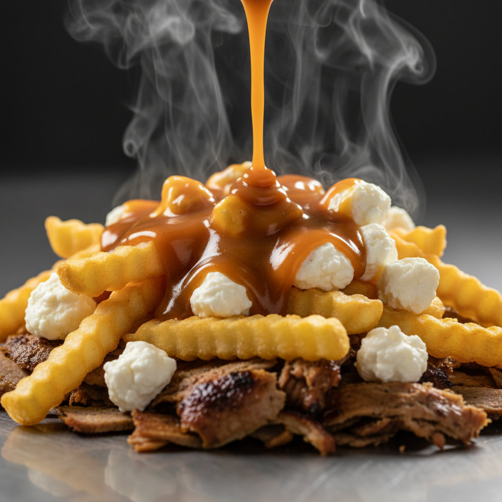 Close-up of shawarma poutine with gravy pour, shawarma poutine Toronto detail shot