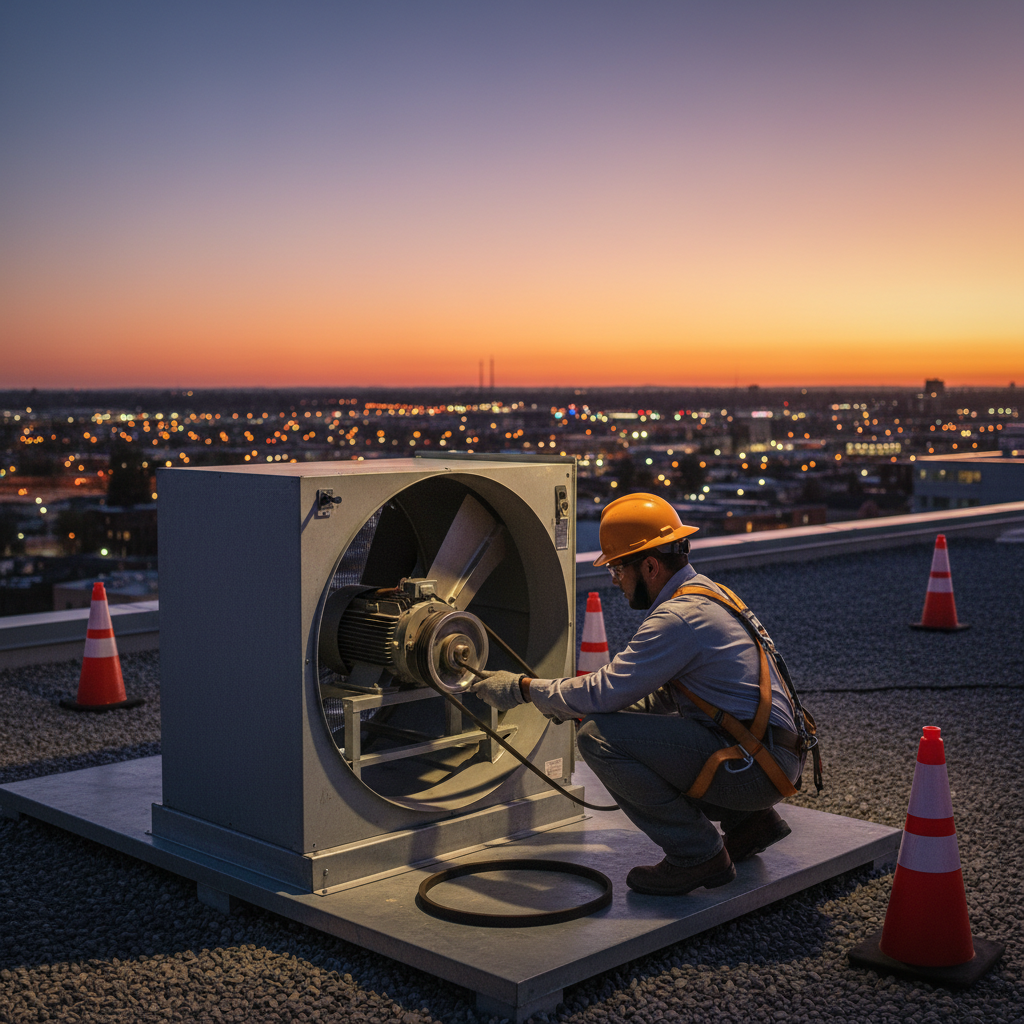 Technician replacing an exhaust fan belt on a restaurant rooftop in Southern Ontario