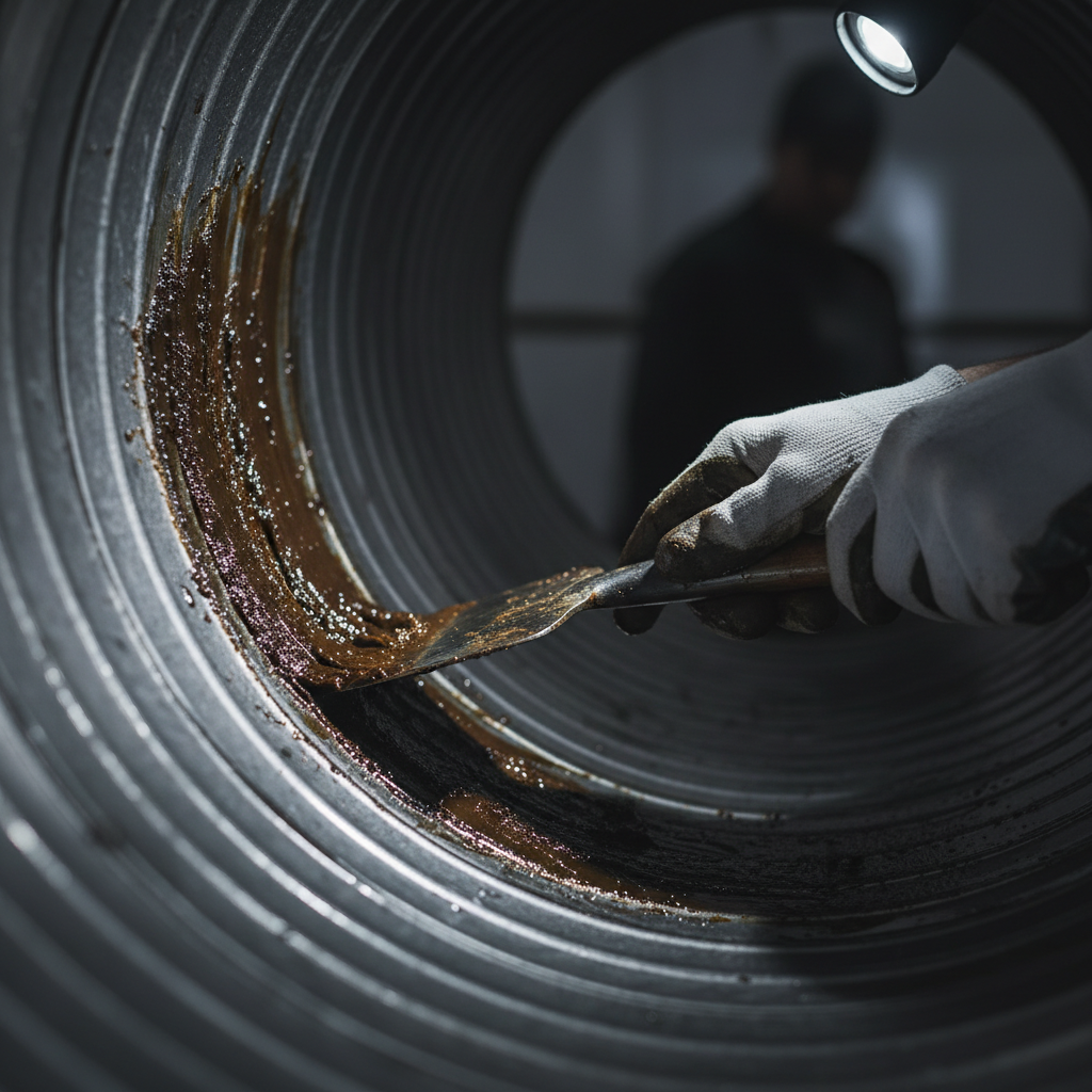 Close-up of duct grease removal during kitchen exhaust cleaning in an Ontario restaurant