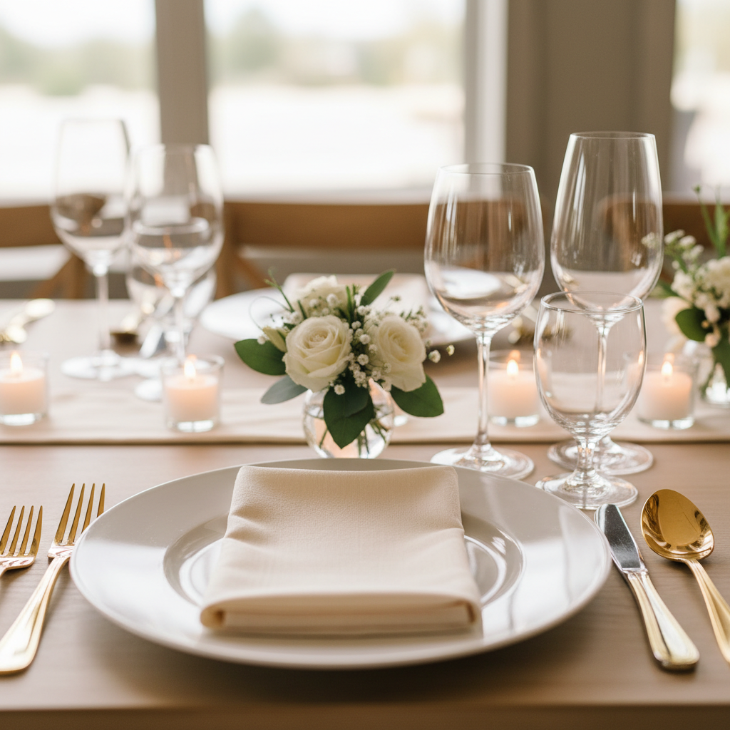 Elegant wedding reception place setting at a luxury event venue in Mississauga with crystal stemware and gold flatware