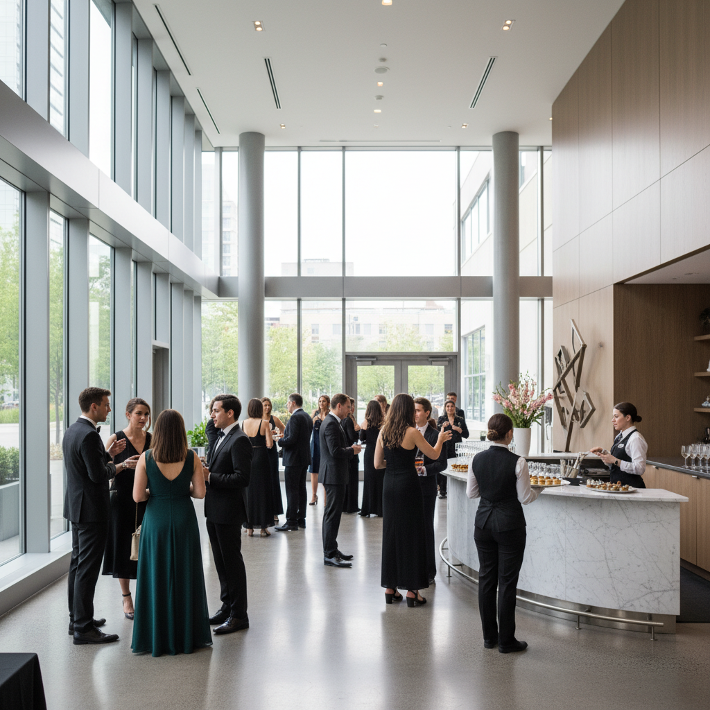 Modern foyer cocktail hour scene at a Mississauga event center with guests mingling and servers passing hors d’oeuvres