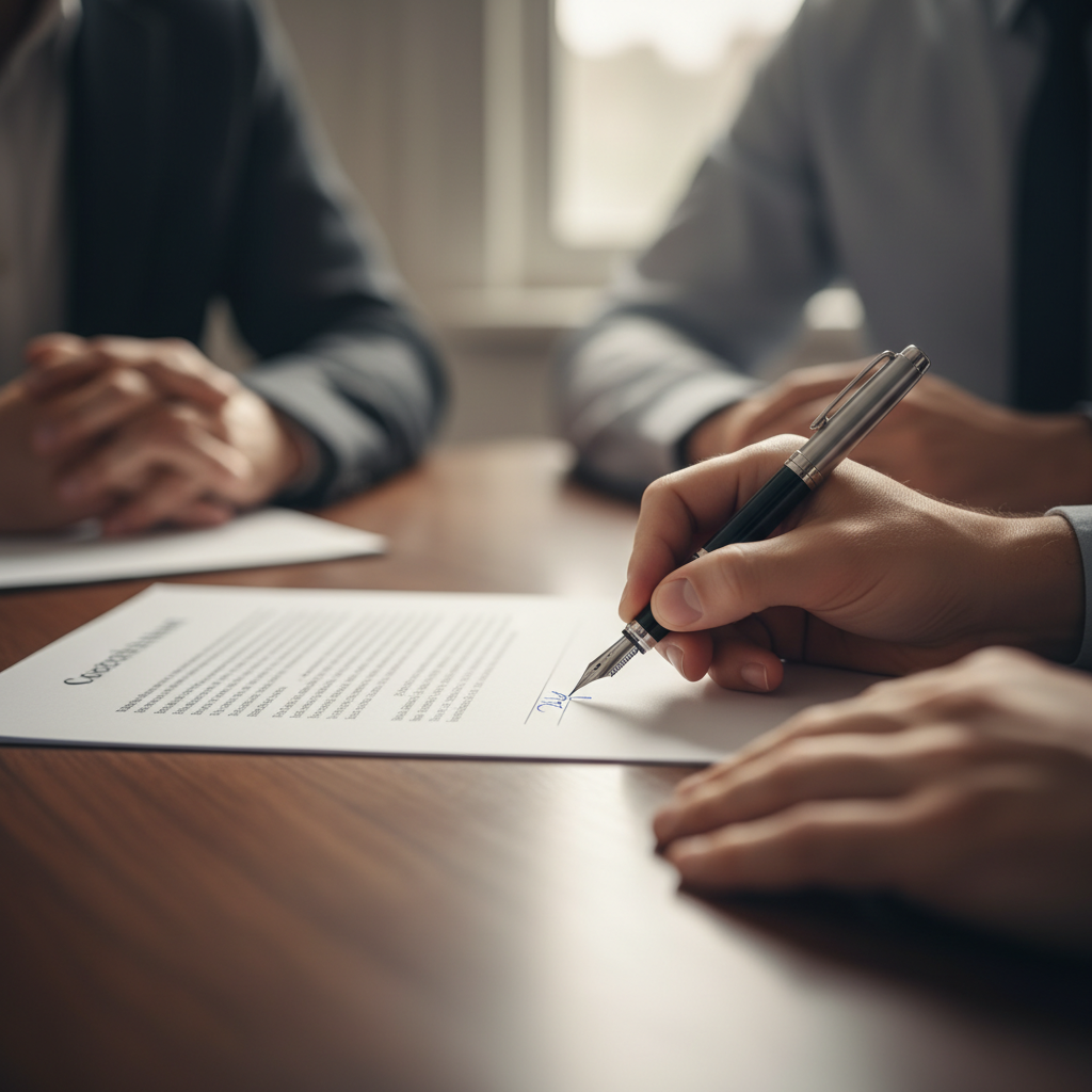 Close-up of hands signing a separation agreement in Ontario with a witness present, illustrating legal signing requirements