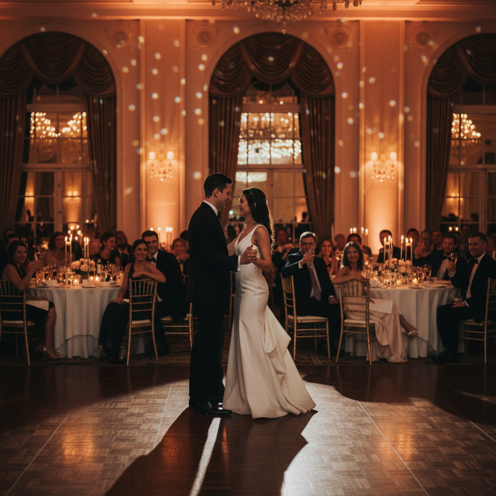First dance in a modern GTA ballroom with dramatic lighting and guests seated around the dance floor at a Toronto all inclusive wedding venue