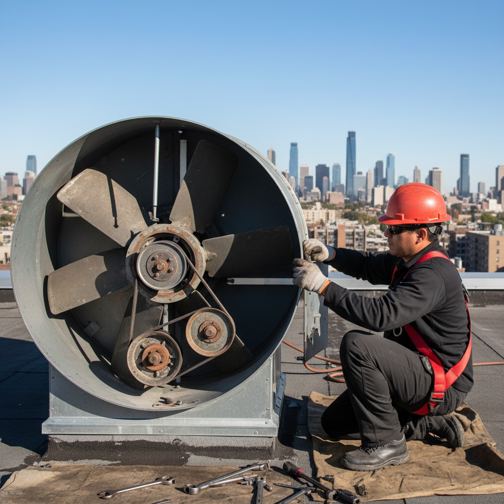 rooftop restaurant exhaust fan service in Ontario with technician servicing belts and housing, clear skyline and safety harness visible