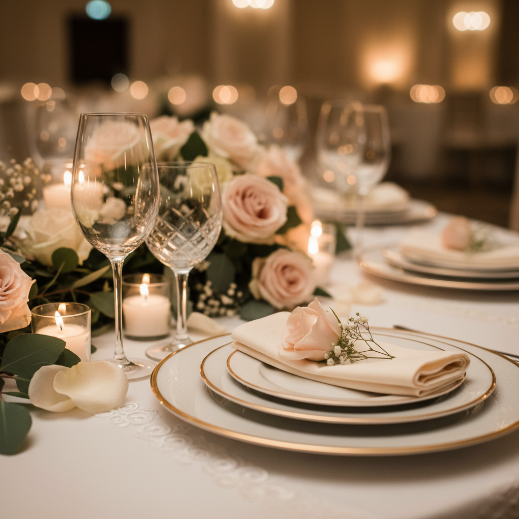 Refined wedding table setting at a luxury event venue in Mississauga with crystal glassware, gold flatware, blush florals, and candlelight