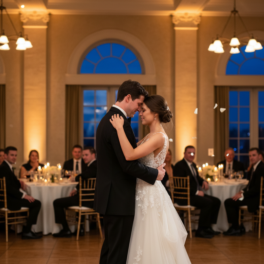 First dance in a Mississauga grand ballroom wedding reception venue with warm uplighting and guests at round tables