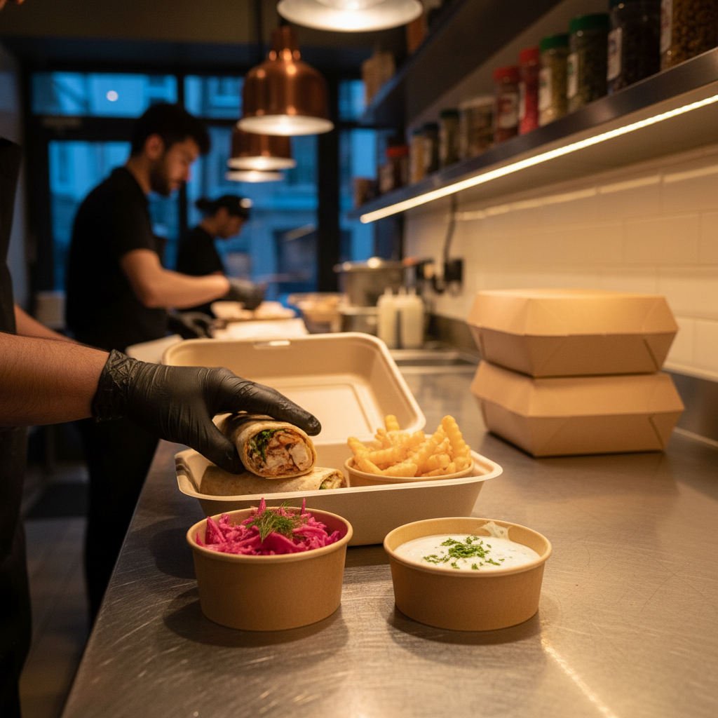 Takeout scene with Turkish shawarma wrap and sides being packed into eco-friendly containers, ideal for delivery or pickup