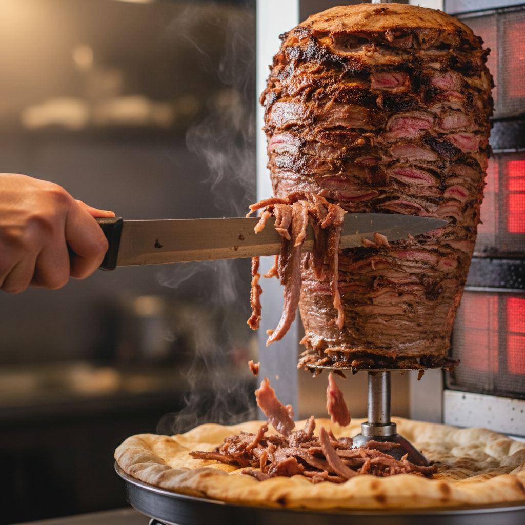 Close-up of authentic Turkish shawarma meat being shaved from a vertical rotisserie into warm flatbread, showing crispy edges and juicy slices