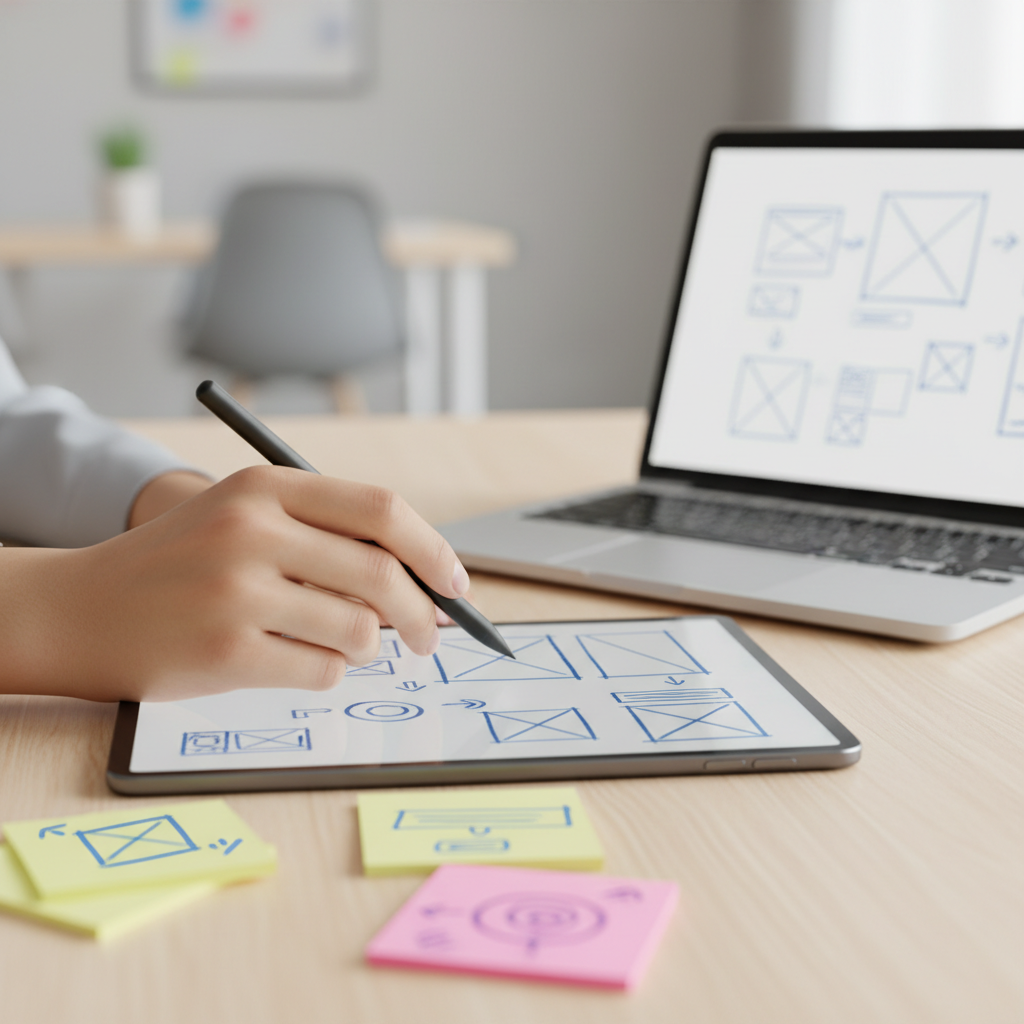 Close-up of wireframing a custom web application on a tablet, illustrating discovery and UX planning for custom web based application development