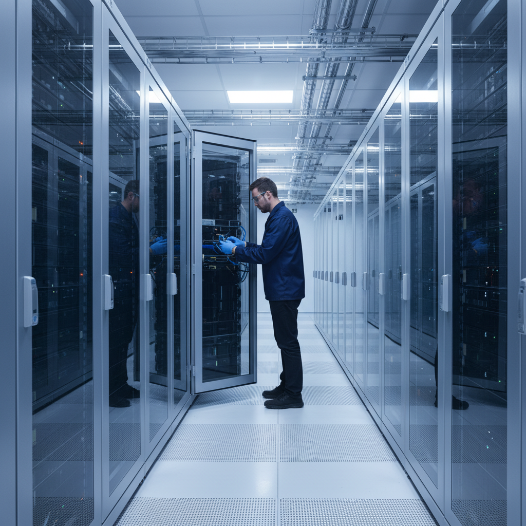 Data center aisle with server racks symbolizing DevOps reliability for custom web based applications