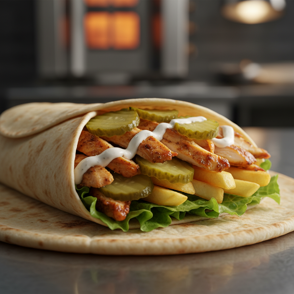 close-up of authentic shawarma wrap assembly for Toronto office catering with garlic sauce and pickles