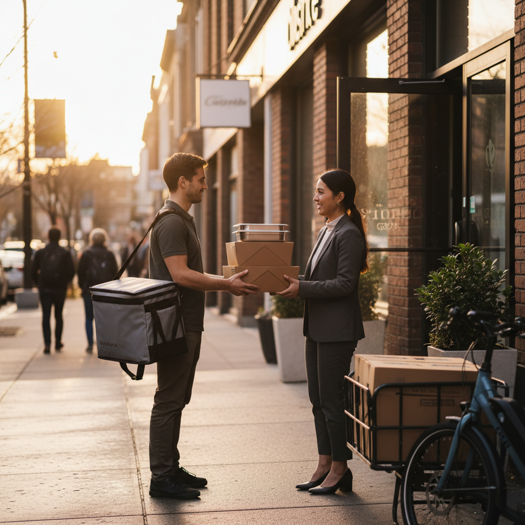 catering delivery on Queen Street West with hot trays and eco-friendly boxes for Toronto office events