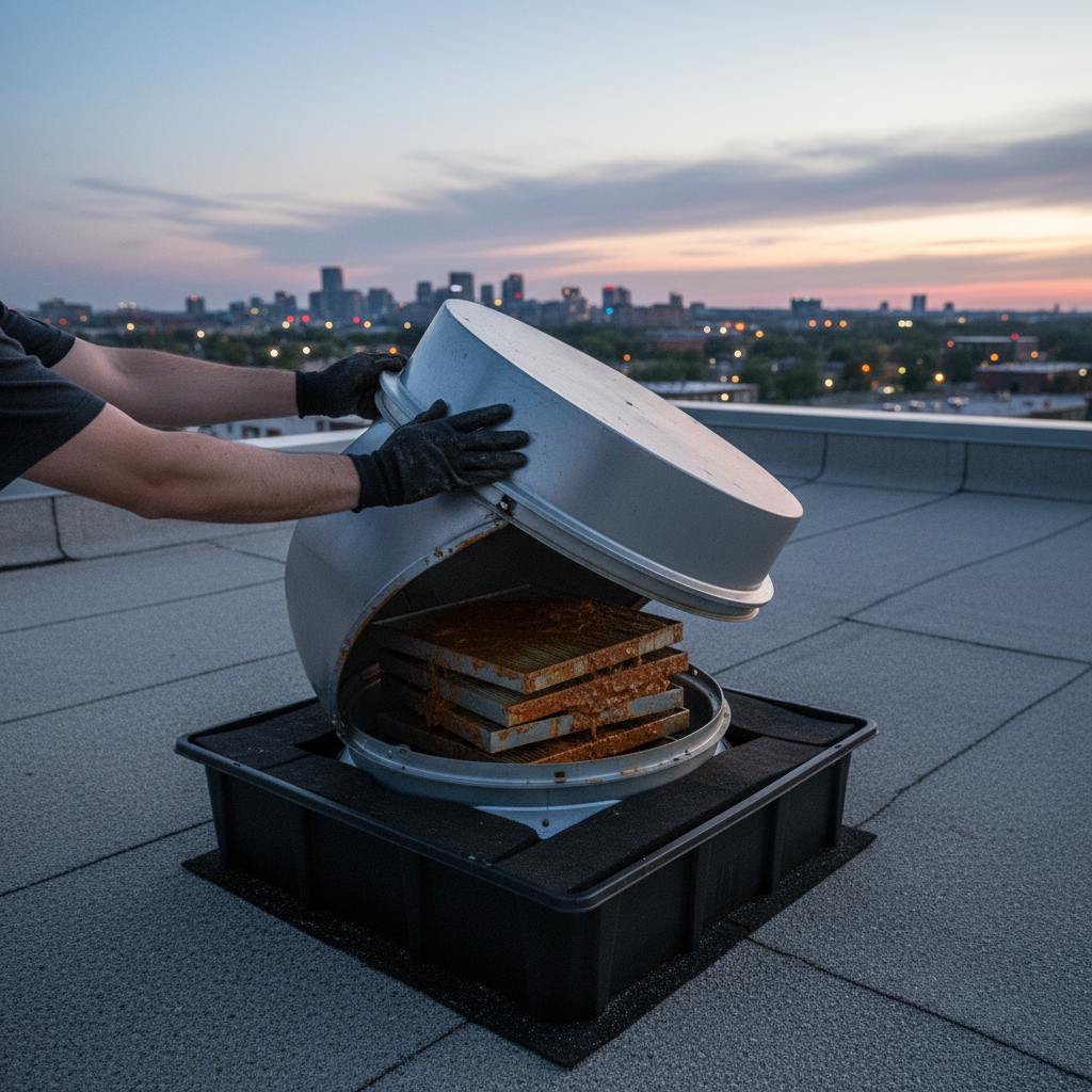 Rooftop upblast fan opened for service with grease containment on an Ontario restaurant, side-angle view at dusk