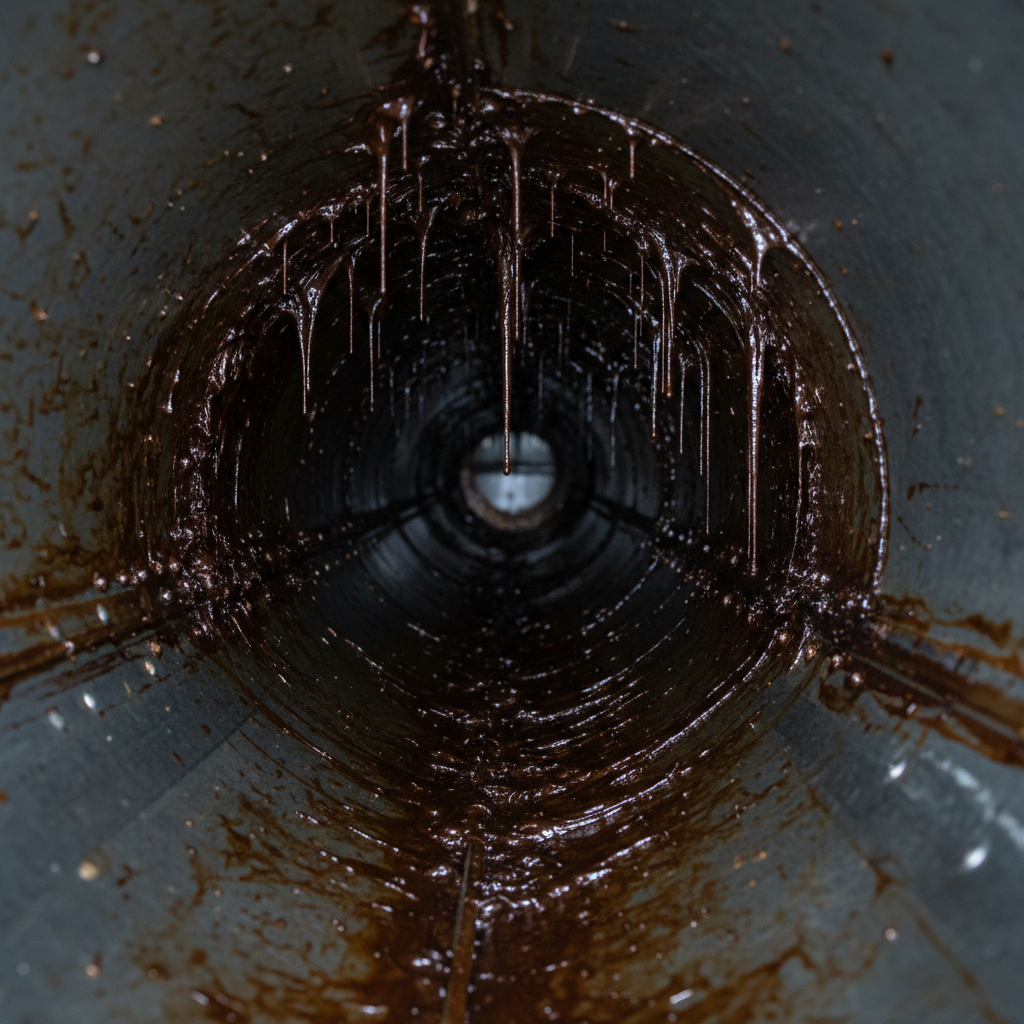 Close-up of heavy grease buildup inside a restaurant exhaust duct, showing sticky brown layers on metal in an Ontario kitchen