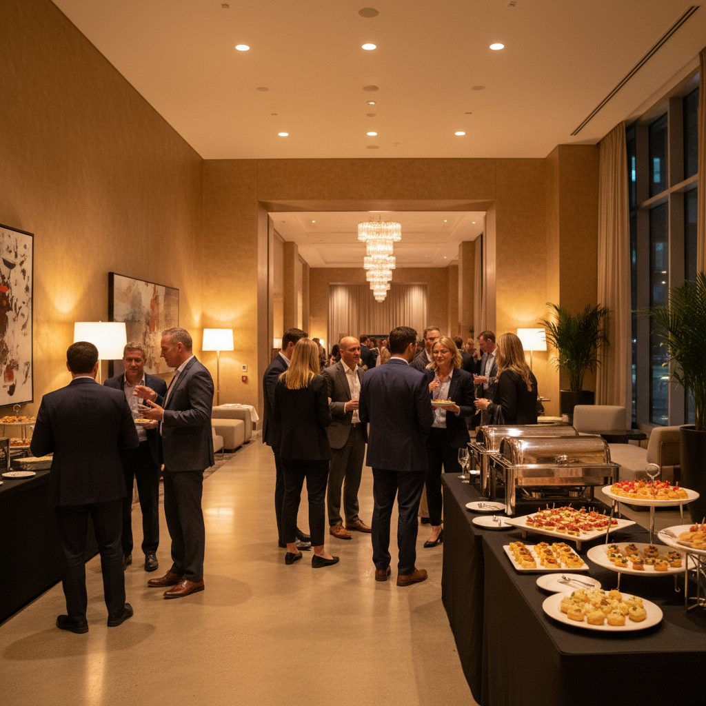 Networking reception scene in a modern Mississauga event foyer with catering stations and warm lighting