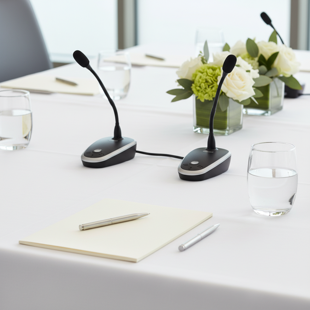 Detail shot of elegant corporate table setup with microphones and water glasses for a conference in Mississauga
