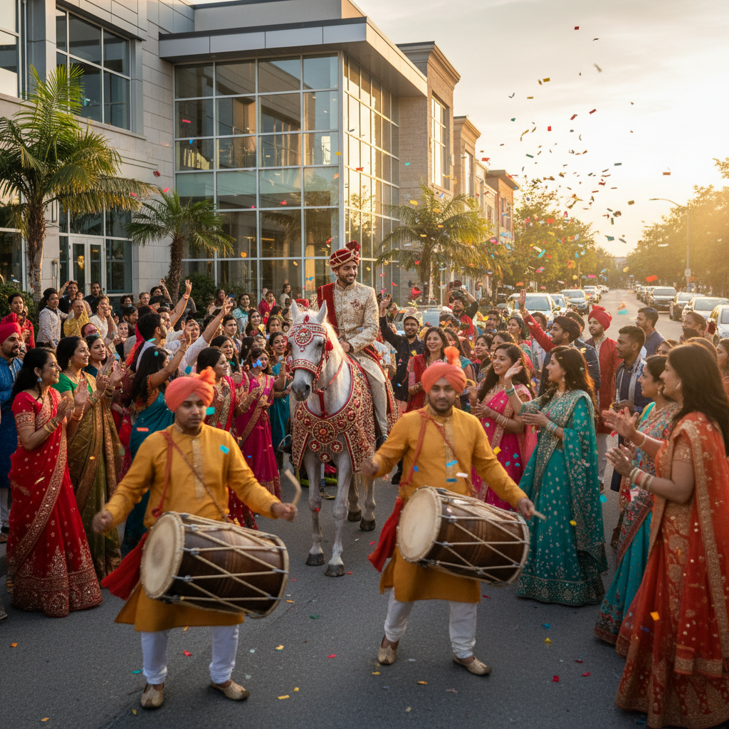 Baraat arrival outside a Woodbridge banquet hall with groom on white horse and dhol drummers for an Indian wedding venue Toronto