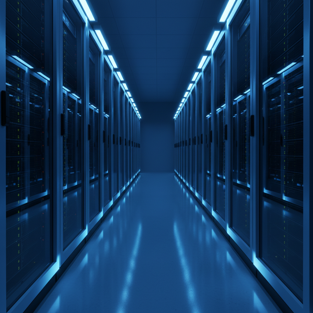 data center infrastructure for custom web software development with server racks and cool blue lighting