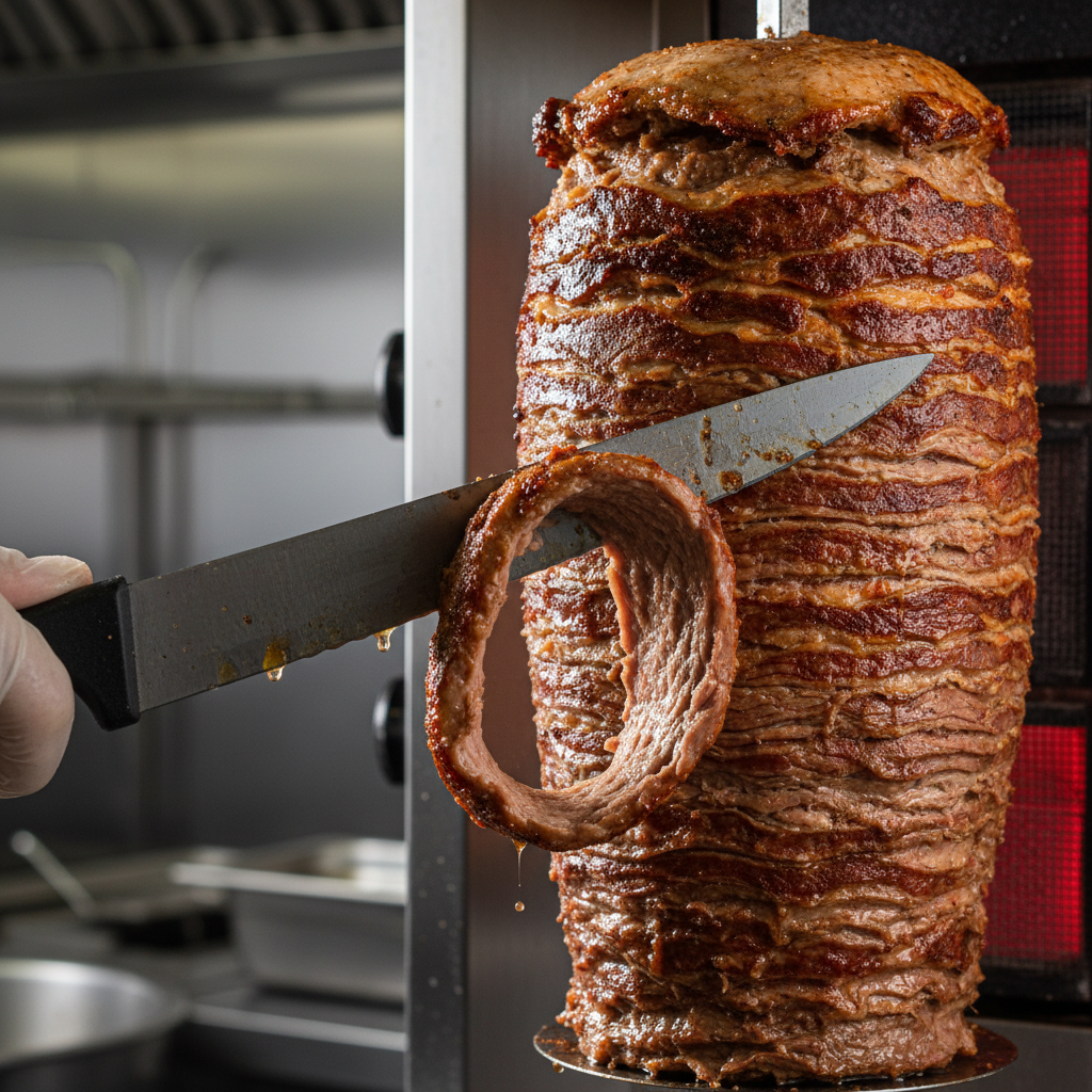 Close-up of gyro meat shaved from a vertical rotisserie at a gyro restaurant in Toronto, crispy edges and juicy interior