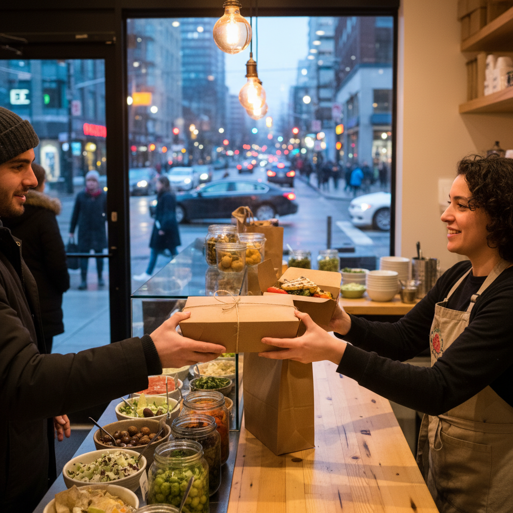 Quick-service counter handing a Mediterranean takeout order to a customer in Toronto, warm interior lights and urban street outside