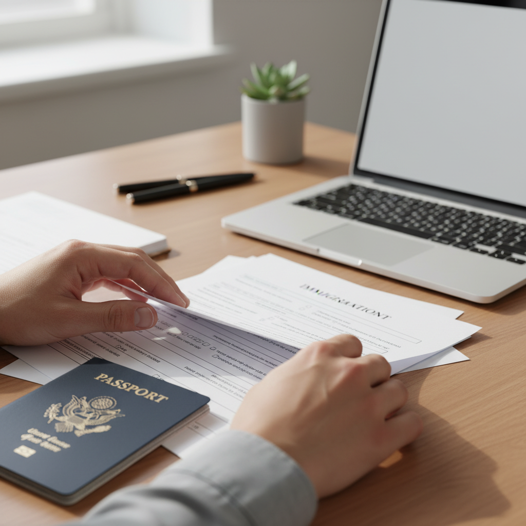 Close-up of immigration documents and passport for how to apply for permanent residency Canada, organized on desk