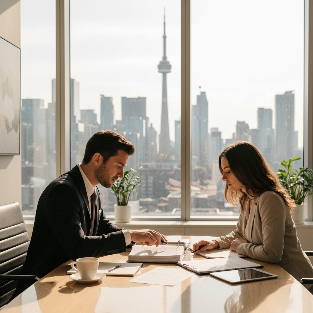 Immigration lawyer in Toronto advising client on how to apply for permanent residency Canada, meeting in modern office