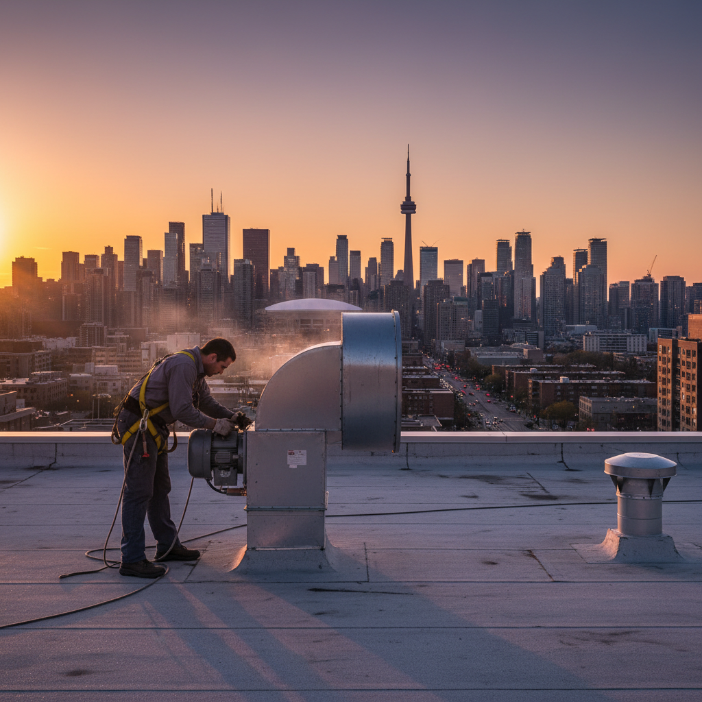 Rooftop upblast exhaust fan maintenance at sunset in Southern Ontario to reduce kitchen exhaust fire hazards