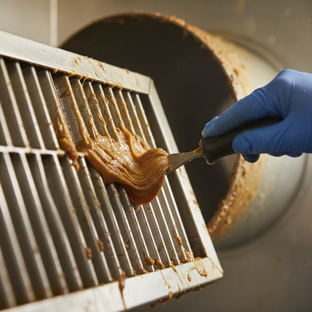 Close-up of greasy kitchen exhaust baffle filter and duct interior during grease removal to reduce restaurant exhaust system fire risk